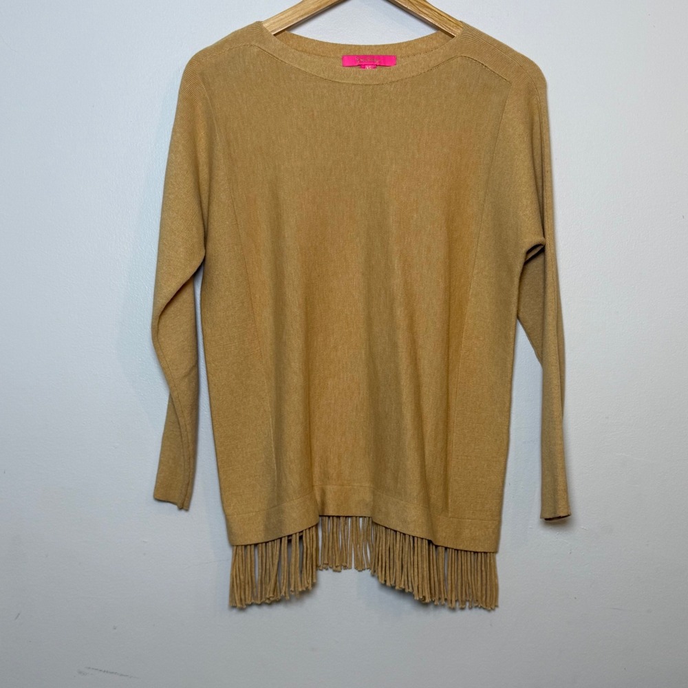 Lilly Pulitzer Glenda Knit Pullover Boho Fringe Sweater Gold Yellow Size XS